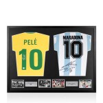 FRAMED PELE & DIEGO MARADONA BRAZIL & ARGENTINA SIGNED SHIRTS - DUAL FRAMED